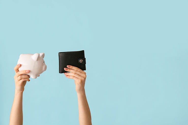 Image of two hands, one holding a piggy bank and one holding a wallet.