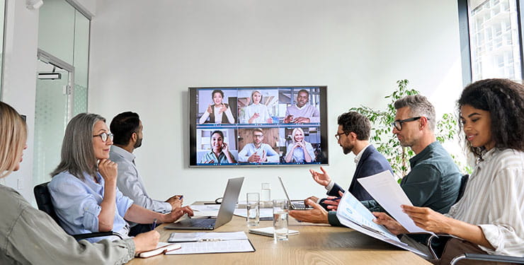Remote teams from various locations connected to collaborate in a productive business meeting.