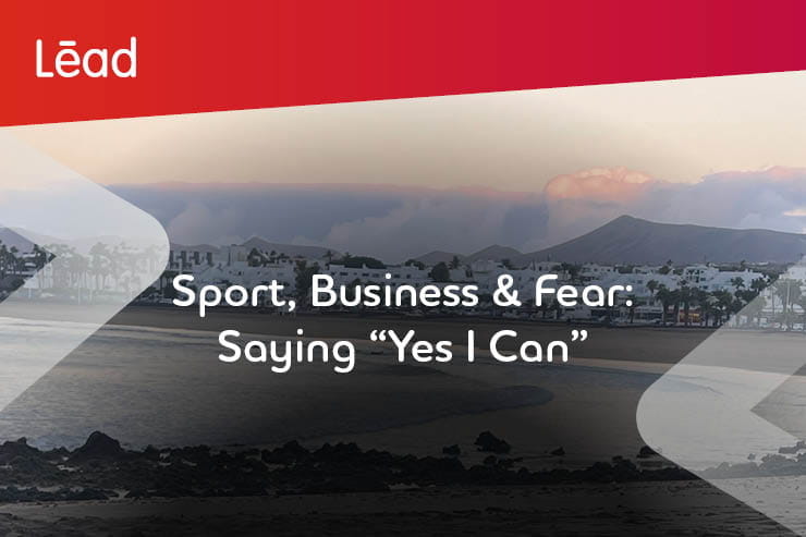 A picture of the ocean with the text "Sport, Business & Fear: Saying 'Yes I Can.'"