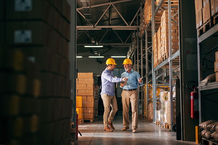 Workers walking in storage and pointing at boxes: workplace health and safety