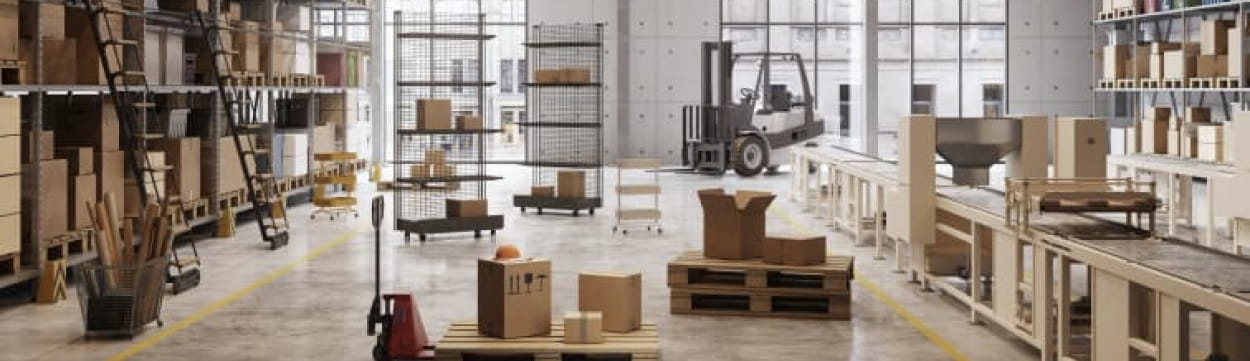 Warehouse with boxes, pallets, and a forklift